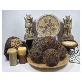 Griffins, Twig Orbs, Mosaic Plate, Candles