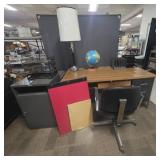 Desk, File Cabinet, Globe Lamp, Lamp
