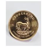 1980 South African Krugerrand 1 OZ Fine Gold Coin