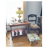 Fenton Burmese Lamp, Harp Table, Needlepoint Chair