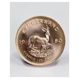 1980 South African Krugerrand 1 OZ Fine Gold Coin