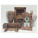 Mantel Clock, Baskets, Wall Mirror, Wall Cabinet