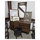Mid-Century Modern Dresser & Chair, Framed Art