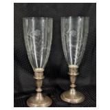 2 Weighted Silver & Etched Glass Candlesticks
