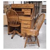 Oak Amish Made Roll Top Desk w/ 2 Keys & 2 Chairs
