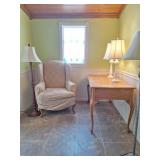 Oak Desk, Side Chair, Corner Shelf, Lamps