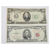 1934 A $20 Dollar Bill & 1963 Red Seal $5 Bill