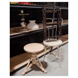 Milk Glass Lamp, Piano Stool, Shelf