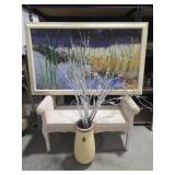 Karl Krabill Painting, Wicker Bench & Vase