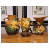 3 Roseville Brown Water Lily Pottery Vases