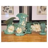 4 Roseville Blue Peony Pottery Vases