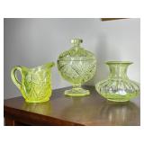 Uranium Glass Pitcher, Vase, Compote