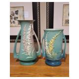 2 Vintage Roseville Pottery Blue Foxglove Vases