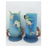 2 Roseville Blue Background Apple Blossom Vases
