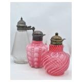 3 Antique Glass Syrup Pitchers: Pink Guttate