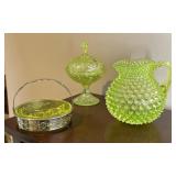 Uranium Glass: Pitcher, Condiment Dish, Compote