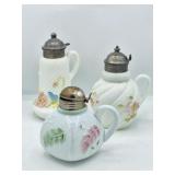 3 Antique Milk Glass Syrup Pitchers