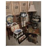 End Tables, Chair, Stool, Lamps, Delft, Quilt
