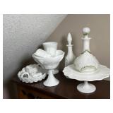 Milk Glass-Cake Plate, Vases, Compote