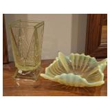 Uranium Glass Vase, Fostoria Topaz Dish