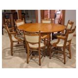 Drop Leaf Oak Table, 6 Upholstered Oak Chairs
