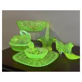 Vaseline Glass: Bowls, Slipper, Basket, Plates