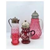 3 Antique Glass Syrup Pitchers & 1 Container