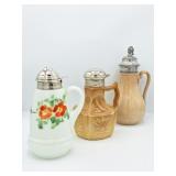 3 Syrup Pitchers: Slag Glass, Milk Glass