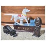 3 Cast Iron Banks: Humpty, Trick Pony, Cat