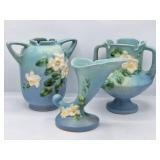 3 Roseville Pottery Blue White Rose Vases