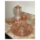Depression Glass Trays, Biscuit Jar, Bowls