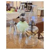 2 Glass Oil Lamps w/ 3 Extra Chimneys