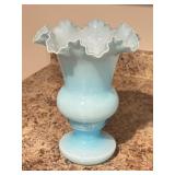 Fenton Potter Blue Crimped Ruffled Vase
