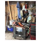 2 Hedge Trimmers, Sawhorses, Yard Tools