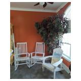 2 White Rockers, 1 Adirondack Chair, Faux Tree
