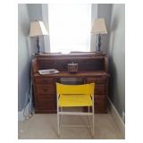 Wood Roll Top Desk, 2 Lamps