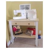 Table, White Sewing Machine & Notions