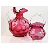 2 Fenton Cranberry Glass: Thumbprint Pitcher