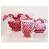 3 Fenton Cranberry & Opalescent Hobnail
