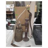 Cast Water Pump, Ice Hook, Milk Can & Scythe