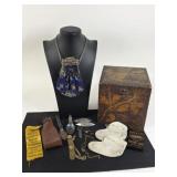 Antique Flemish Box w/ Pin Cushion Top & Jewelry
