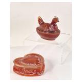 2 Boyds Red Slag Glass: Hen on Nest & Heart Dish