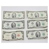 Six $2 Bills: Red Seal 1953, 1976 & 2003