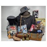 Carhartt Coat, Binoculars, Brass Bookends, Hats