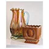 Fenton Carnival Glass Pitcher & Chocolate Planter