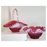 2 Fenton Cranberry & Opalescent Hobnail