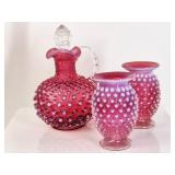 3 Fenton Cranberry & Opalescent Hobnail