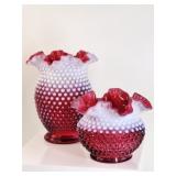 2 Fenton Cranberry & Opalescent Hobnail Vases