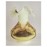 Fenton Uranium Hand-Painted Custard Ruffled Vase