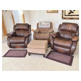 (3) Flexsteel Recliners, Ottoman, Rugs